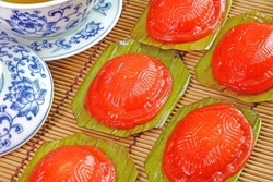Red tortoise cake (Ang Ku Kueh, or Kue Ku) the famous Chinese auspicious pastry for longevity, good fortune and prosperity in Chinese new year and birthdays, popular in China and Southeast Asia