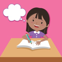 Cute girl writing and thinking. Vector illustration of a little girl writing at his desk.