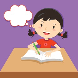 Cute girl writing at her desk. Vector illustration of a little girl writing and thinking.