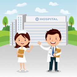 Doctor and nurse at hospital. Doctor and nurse gesturing in front of a hospital.