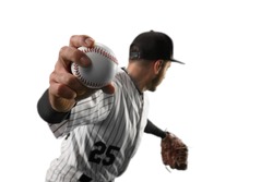 Isolated Baseball player throws the ball on white background