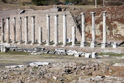 row of ancient columns on the ruins of Pergamon lower city, Sanctuary of Asclepion, Turkey