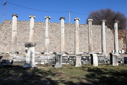 row of ancient columns on the ruins of Pergamon lower city, Sanctuary of Asclepion, Turkey