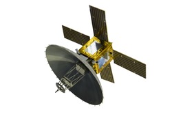 Satellite with solar panels, isolated on white background.