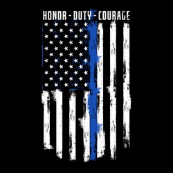 Illustration Thin Blue Line Police Officer Flag, with text Honor, Duty, Courage