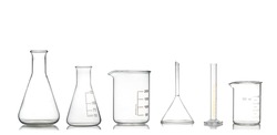 Collection of chemical glassware in laboratory isolated on white background.