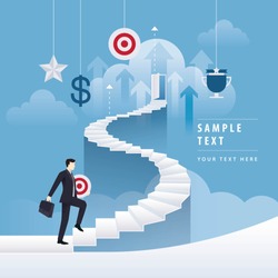 Businessman holding Target rising up the spiral stairs of the Career. Business Concept journey and Development, Creative idea, Start up, Future success. first step, vector illustration.