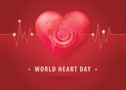 World heart day illustration concept. World Planet Earth With Heart Shape, Red Heart Shaped World, Abstract heartbeat Background, Heart wave Sign, Hug the Globe, Happy Earth Day, 