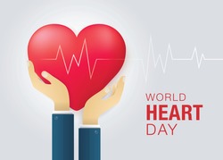 World heart day illustration concept. Hands Holding A Heart Vector, Red heart with hand embrace, Happy Earth Day, Abstract heartbeat Background,