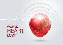 World heart day illustration concept. Hugging Heart shape, Hands Holding A World Vector, Red heart with hand embrace, Hug the Globe, Happy Earth Day, Abstract heartbeat Background, Heart wave Sign