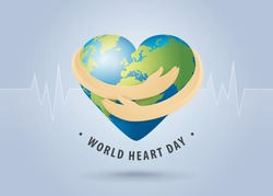 World heart day illustration concept. World Planet Earth With Heart Shape, Hands Hug the Globe, Heart with hand embrace, Happy Earth Day, Abstract heartbeat Background, Stethoscope Sign