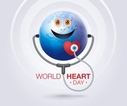 World heart day illustration concept, Smiling happy globe world with Stethoscope Sign and Red heart, Happy Earth Day, Abstract heartbeat Background,