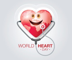 World heart day illustration concept. World Planet Earth With Heart Shape, Red heart smile with Stethoscope Sign, Smiling happy globe world, Happy Earth Day, Abstract heartbeat Background,