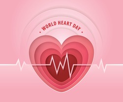 World heart day illustration concept. Red heart with heart wave sign, Hug the Globe, Happy Earth Day, Abstract heartbeat Background, Paper art vector