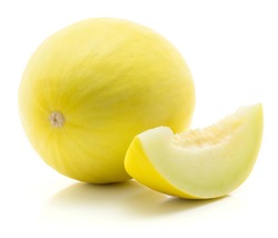 One yellow honeydew melon with a slice isolated on white background without seeds