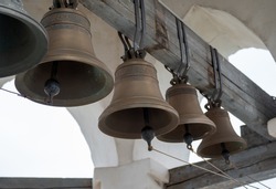 large Church bells. row of bells on the church bell tower. church belfry