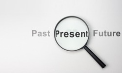 Present wording inside of Magnifier glass on white background for focus current situation, positive thinking mindset concept. present in focus. wide, top view