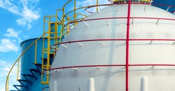 Industrial gas storage tank. LNG or liquefied natural gas storage tank. Spherical Gas reservoirs in petroleum refinery. Above-ground storage tank. Natural gas storage industry. Ball shape lpg tank.