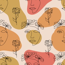 Vector seamless pattern of one line drawing abstract flowers and beautiful young woman and geometric liquid shapes. Hand drawn modern minimalistic design for fashion, print, textile