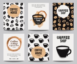 Vector set of modern posters with coffee backgrounds. Trendy hipster templates for flyers, banners, invitations, restaurant or cafe menu design. 