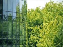 blue glass wall of office building mirror reflection cityscape green trees