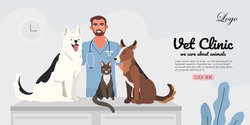 A veterinary male doctor with a cat and two dogs in a veterinary office. Pets visitining a vet. Creative banner, flyer, landing page or a blog post for a vet clinic, veterinary office or hospital. 