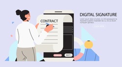 Business woman signing up smart or electronic contract with digital signature on smartphone. Data protection and privacy policy banner, flyer, landing page. Settle contract or make deal online.