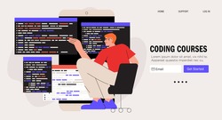 Programmer working on web development on computer. Concept of script coding and programming web site. Mobile app and computer software developing online courses banner, web landing page. 