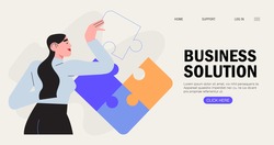 Businesswoman assembling together jigsaw puzzle pieces. Concept of brainstorming, project planning and and business process. Work organisation management banner, web landing page. Business solution.