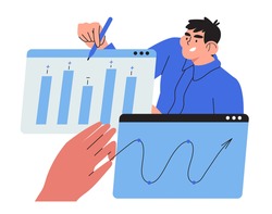 Economics strategy, analysis of sales, statistic, data collection illustration for banner, landing web page. Analyst collect data and analyse business, business solution . Man discuss presentation.