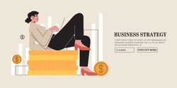 Business woman character on pile of golden coins check profit, credit card balance, data statistics. Concept of finance, financial operations or planning, investments for banner, web app design, ui. 
