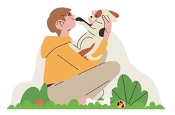 Boy character petting or play with dog. Children hug puppy vector illustration, happy smiling child with animal learn to take care or responsobility. Happy domestic dog owner vector illustration.