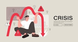 Bankruptcy vector illustration. World economy crash or financial crisis. Economical problem and investment failure and budget collapse. Business person or man in panic try to stop collapse and fail.