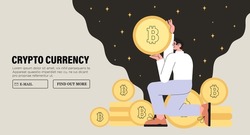 Businessman buy or sell Bitcoin online. Vector illustration of man character purchase or exchange cryptocurrency. Blockchain technology, bitcoin, altcoins mining and  digital money market web banner. 