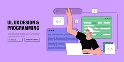 Web designer, programmer or freelancer work on web and ui application development usability, design or redesign on computer or device interface. Software developers and coding banner or landing page.