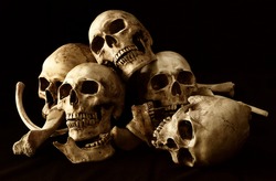 Awesome pile of skull and bone on brown cloth background, Still Life style, selective focus, Adjustment color for background