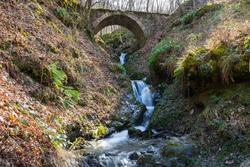 Old Roman stone bridge over a beautiful small river that runs through a lush forest.