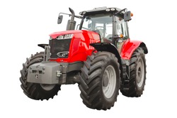 Big red agricultural tractor, front view