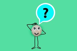Animated character from a pebble with a happy face and a burning question mark in his mind