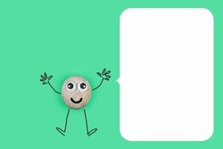 Animated character from a pebble with a happy face and a big memo on green paper background