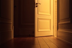 light from the open door to the dark corridor of the apartment. Interior empty house with wooden floor