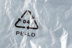 Close-up of plastic recycling symbol 04 PE-LD (Low-density polyethylene)  Plastic packaging