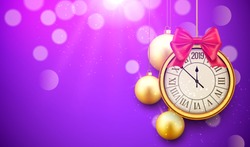2019 new year shining background with clock. Happy new year 2019 celebration decoration golden balls poster, festive card template.