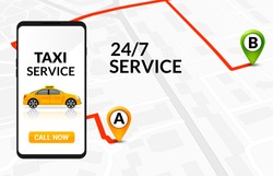 Taxi service app design. Mobile phone order taxi in city map location illustration.