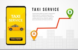 Taxi service app design. Mobile phone order taxi in city map location illustration.