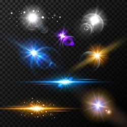 Realistic glow light effects. Lens flare set. Realistic glowing sparkles particles effects on dark transparent grid.