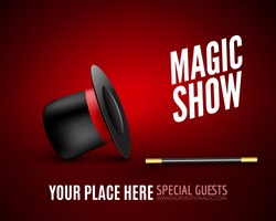 Magic Show poster design template. Magic show flyer design with magic hat and magic wand.