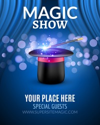 Magic Show poster design template. Magic show flyer design with magic hat and curtains.