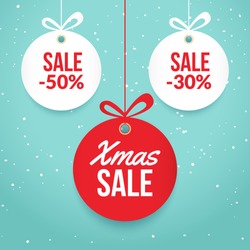 Christmas balls sale. Special offer vector tag. New year holiday card template. Shop market poster design.