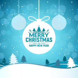 2020 Christmas and Happy New Year greeting card background. Xmas ball on winter landscape decoration design
